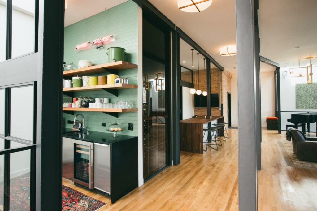 Inside a loft at the The Publishing House Bed and Breakfast showing the kitchen.