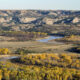 River and yellow trees in Theodore Roosevelt National Park during Fall in North Dakota