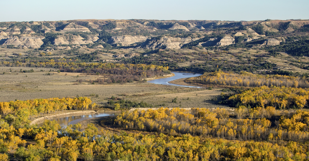 Aerial view of the river winding through Theodore Roosevelt National Park with yellow tress.
