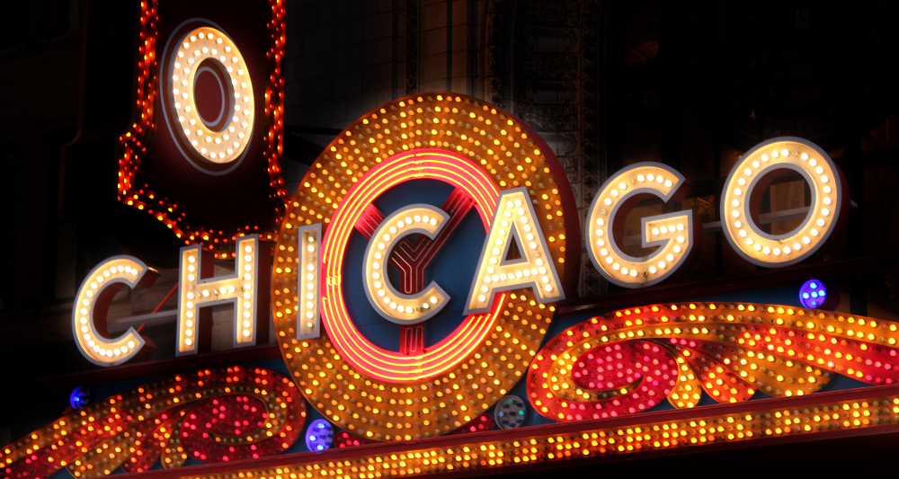 The famous Chicago Theater sign lit up at night, one of the best things to do in Chicago at night