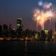 The Chicago skyline with a full moon and a burst of fireworks in all different colors, one of the best things to do in Chicago at night