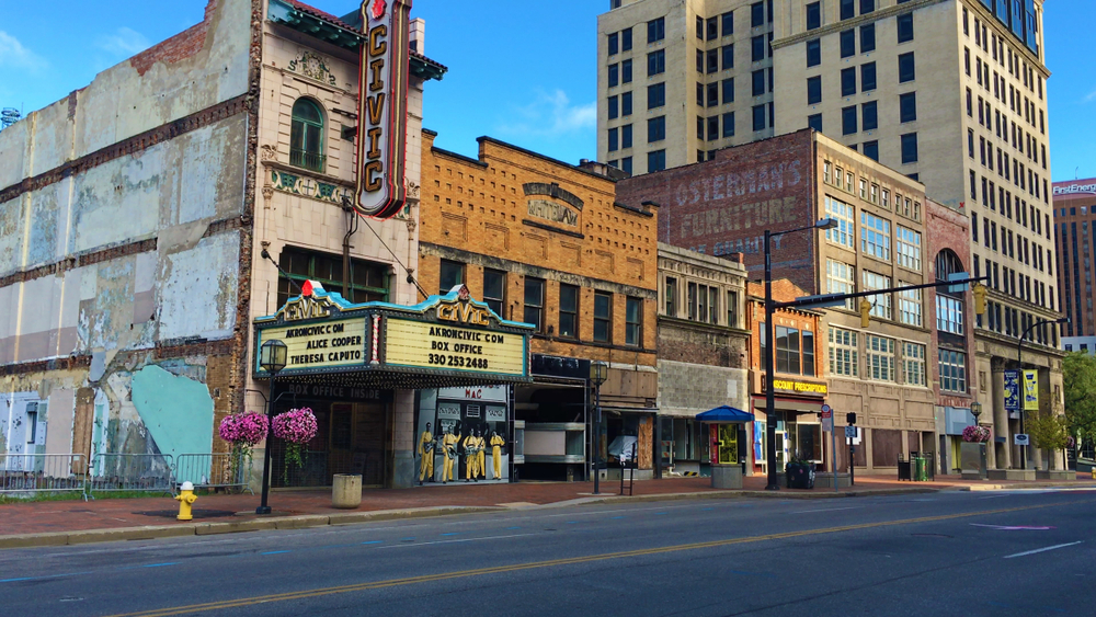 A Street scene with old Civic Theater in Akron, Ohio. It's one of the things to do in Akron 