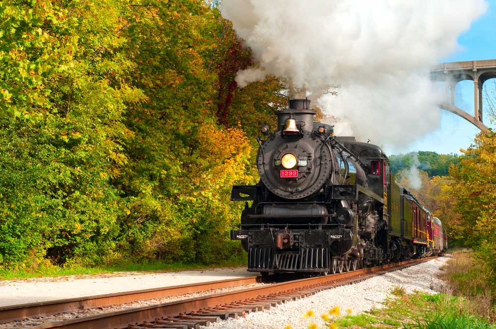  A vintage steam engine makes a special excursion on the Cuyahoga Valley Scenic Railroad. The train is going under a bridge. This is one of the thgins to do in Akron