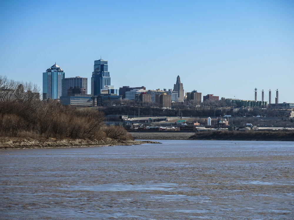 View of Kansas City, skyline from Kaw Point park, at the juncture of the Kansas and Missouri rivers. 