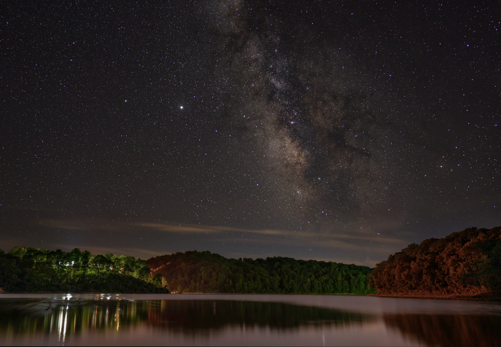 Night photo of the Milky Way over Burr Oak Lake.