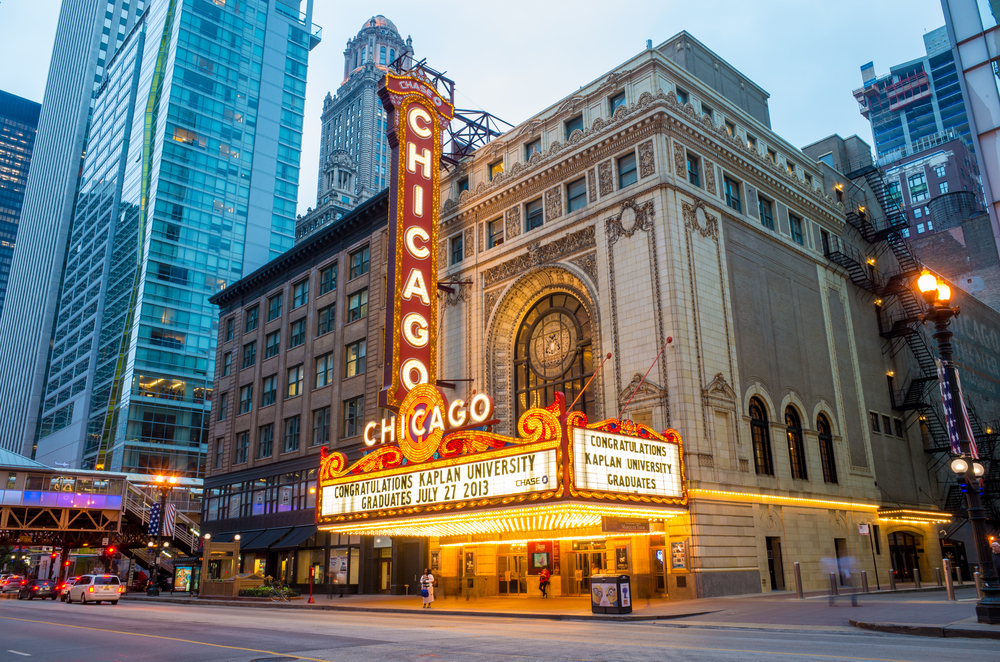 Blue hour at the Chicago Theater with the lit marquee.