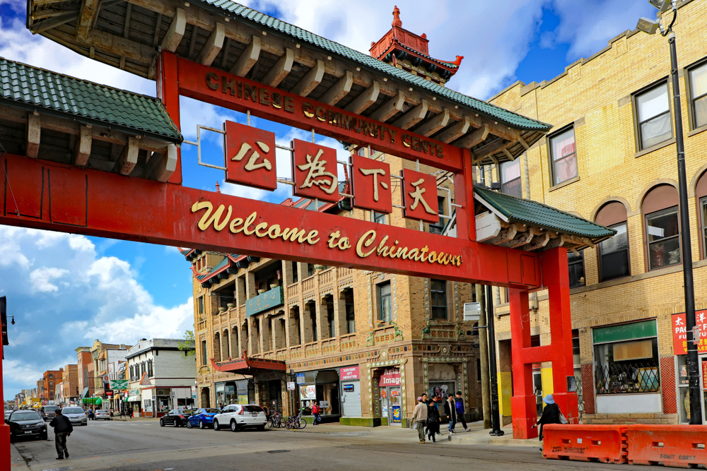 Red, Chinese arch entrance to Chicago's Chinatown.