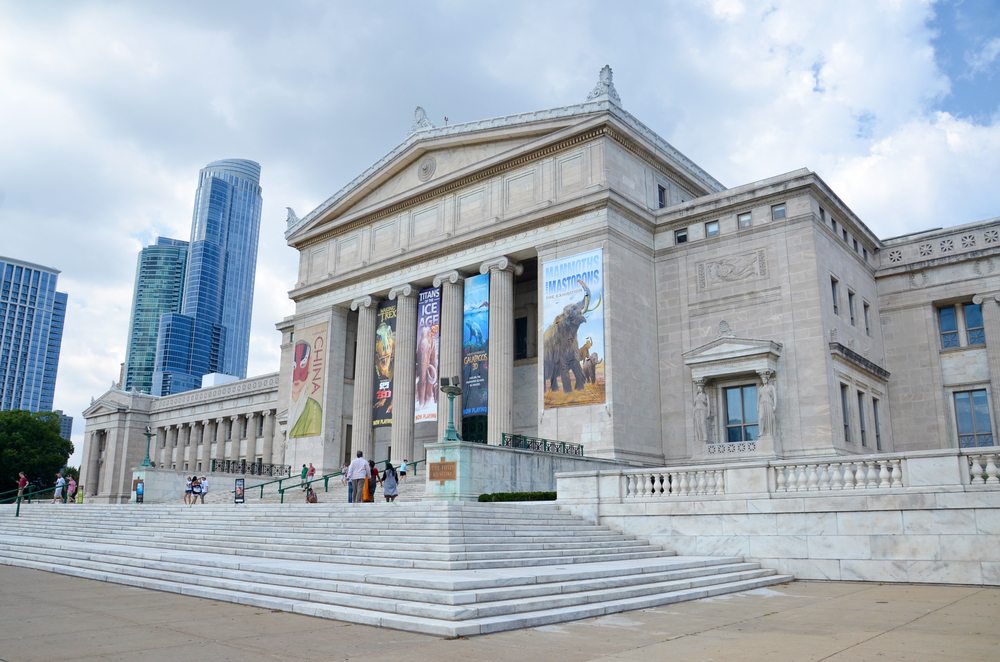 Exterior of the Field Museum with stairs and pillars.