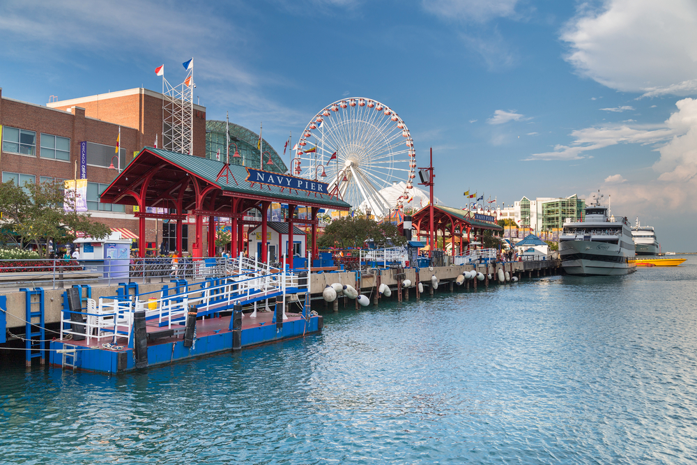 View over the water to the Navy Pier with the Ferris wheel.