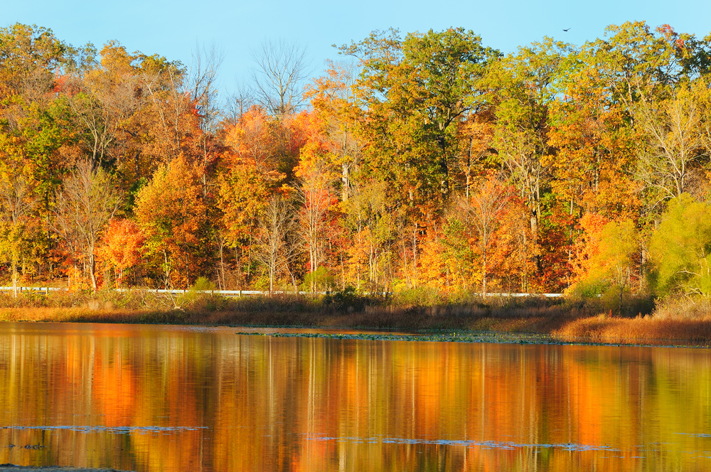 Fall foliage reflecting in Punderson Lake.