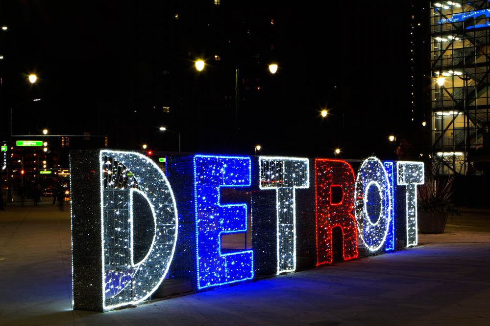 ‘Detroit’ Christmas lights on display in Campus Martius Park. The article is about Christmas lights in Michigan.