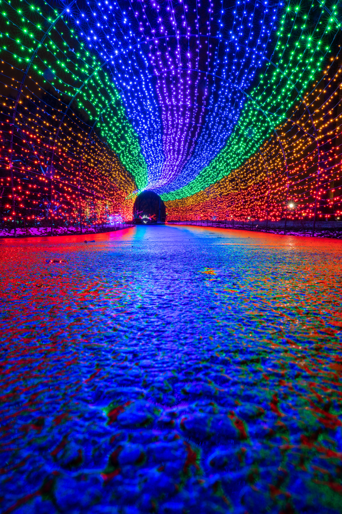 Rainbow tunnel of lights as part of a local Christmas display in Ohio. Butch Bando’s Fantasy of Lights is some of the best Christmas lights in Ohio