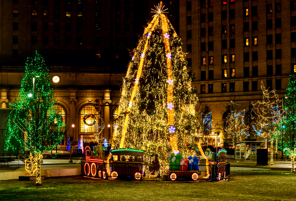 A dazzling Christmas tree stands amid other holiday lighting displays on Public Square in downtown Cleveland.