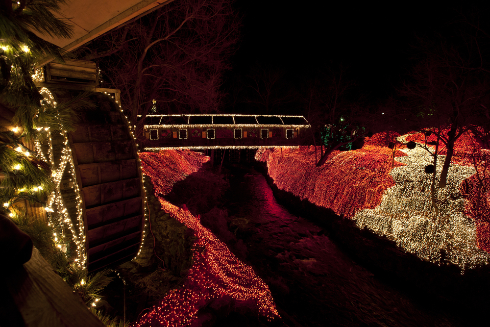 The covered bridge at Clifton Mill in central Ohio is decorated for the holidays. 