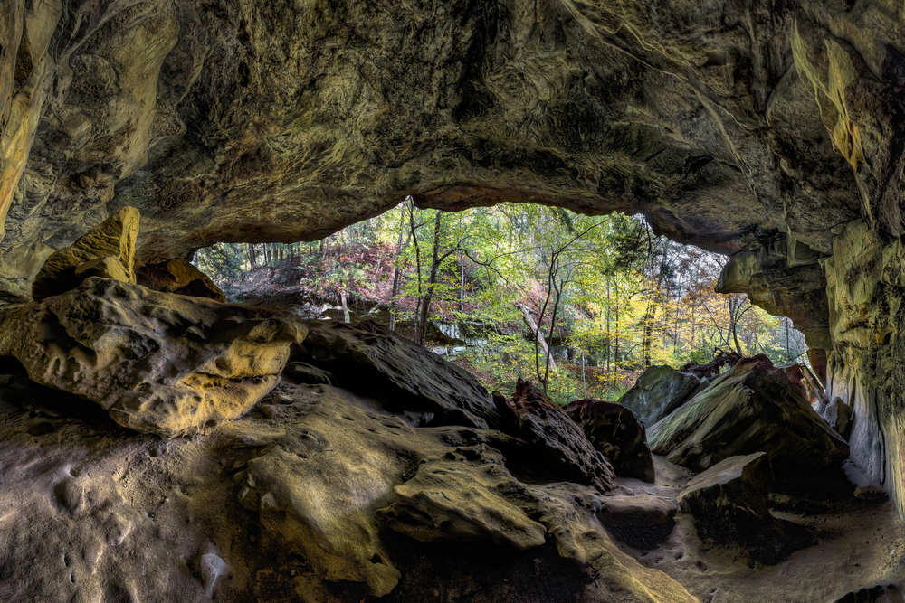 Looking at the mouth of a small cave in Ohio from the inside of the cave. The view is of the woods