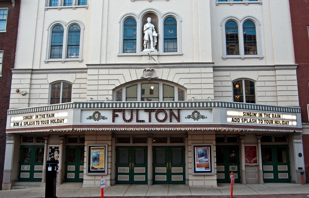 The outside of the Fulton Opera House one of the things to do in Lancaster, PA. The building has a vintage style facade. 