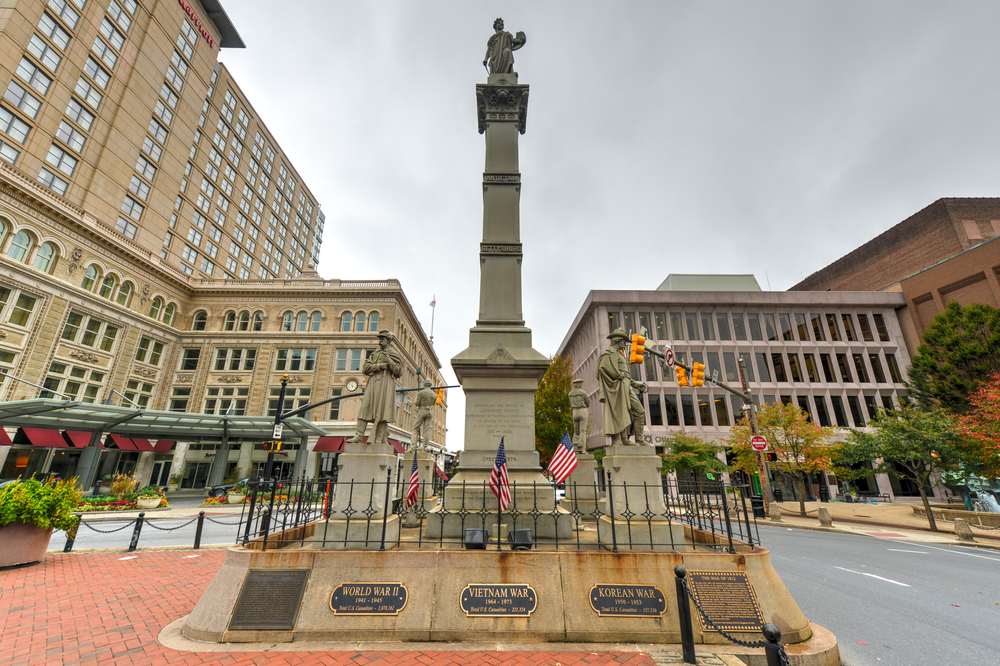 Soldiers and Sailors Monument in Lancaster, Pennsylvania shwing buildings behind it. The article is about things to do in Lancaster. 