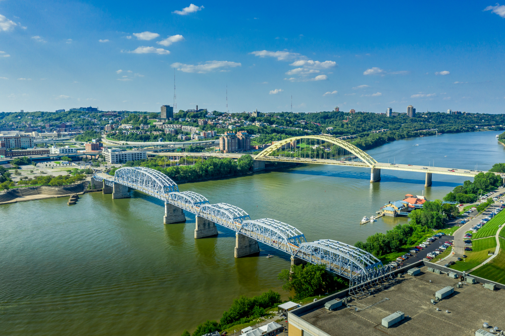 View of river and bridges in Cincinnati, Ohio.