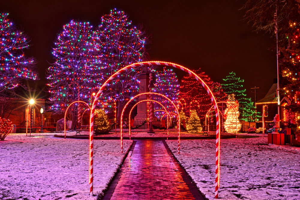 A park center with light arches, lights in the trees, and other light displays set up