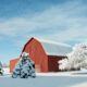 A red barn in a field with a few trees around it covered in snow on a sunny day in winter in Ohio
