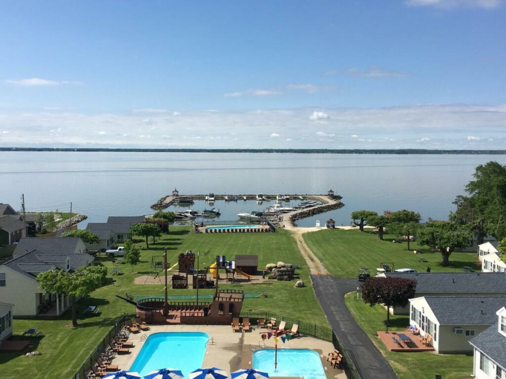 The view of the beach, pools, and green spaces at one of the best resorts in Ohio