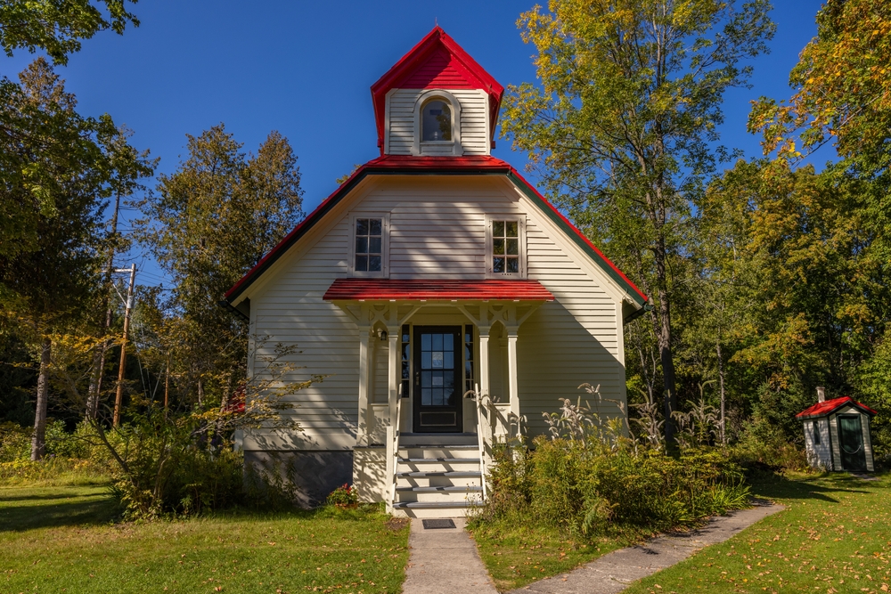 Baileys Harbor Rear Range Light surrounded by trees. 