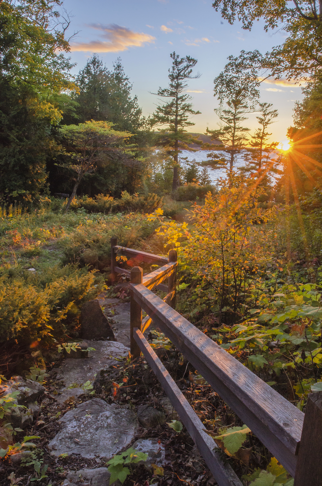 A path at the Clearing lead down towards the Green Bay, Lake Michigan bluff and shore behind the Lodge, The Clearing, Ellison Bay, Door County,