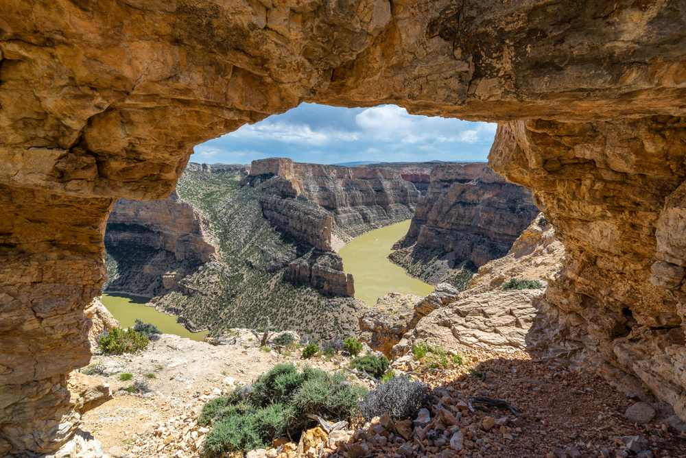 View through a rock arch to the beautiful Bighorn Canyon.