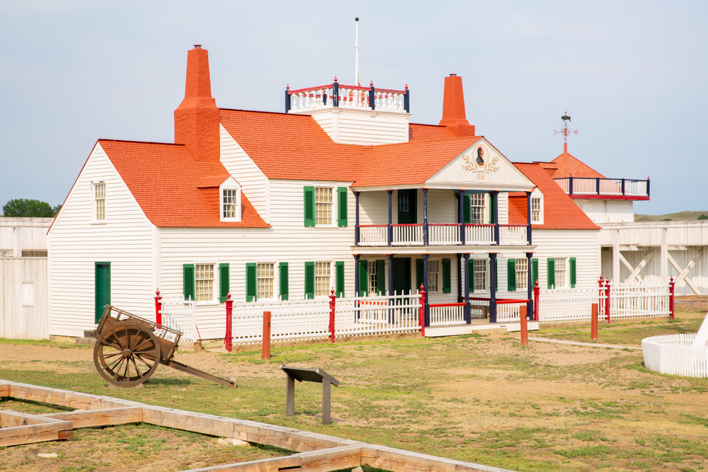 The red-roofed, white building of the Fort Union Trading Post in Montana.