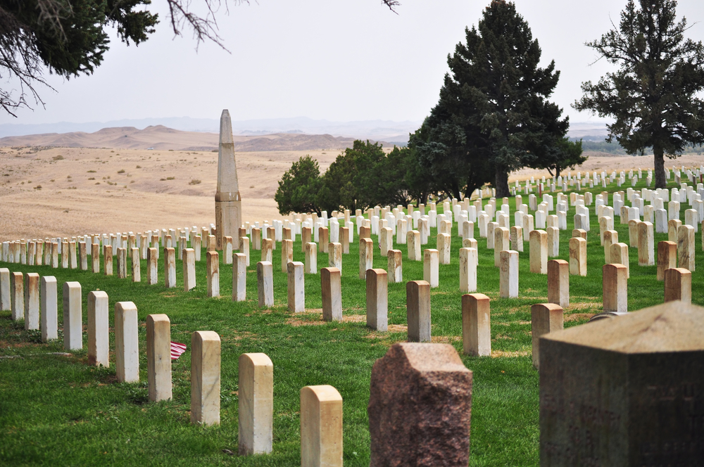 Lines of white gravestones at the Little Bighorn Battlefield National Monument.