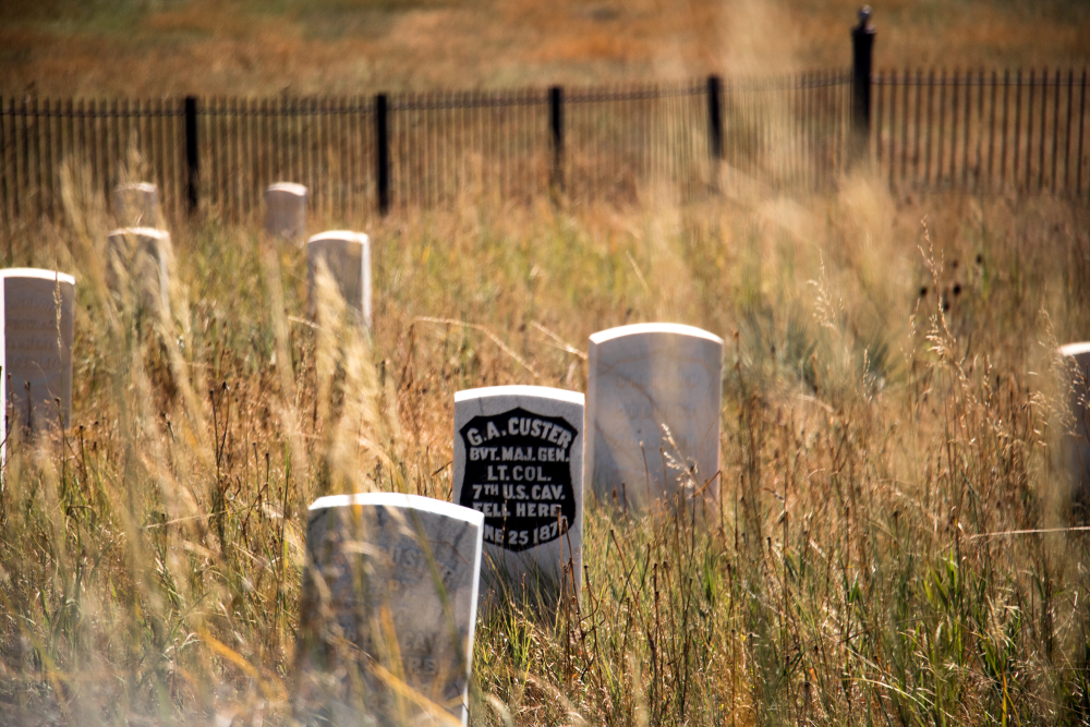 The grave marker for George A. Custer among other stones in tall grass.