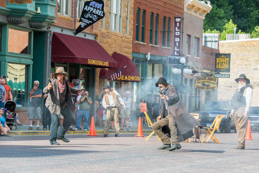 Actors reenacting a gun flight on Main Street in Deadwood.