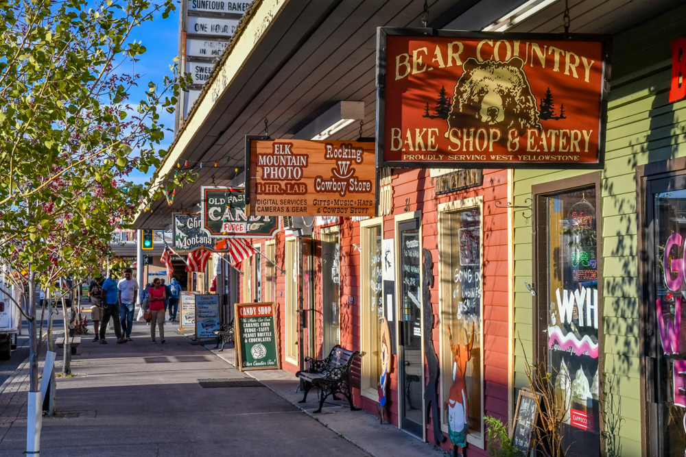 Downtown West Yellowstone with colorful shops.