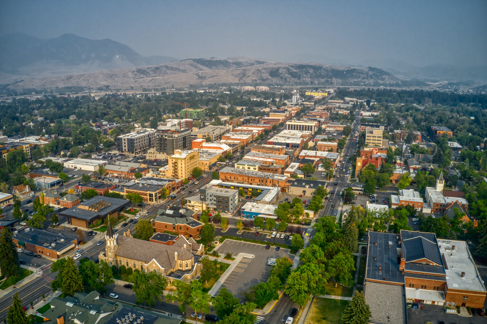 An aerial view of downtown Bozeman Montana 