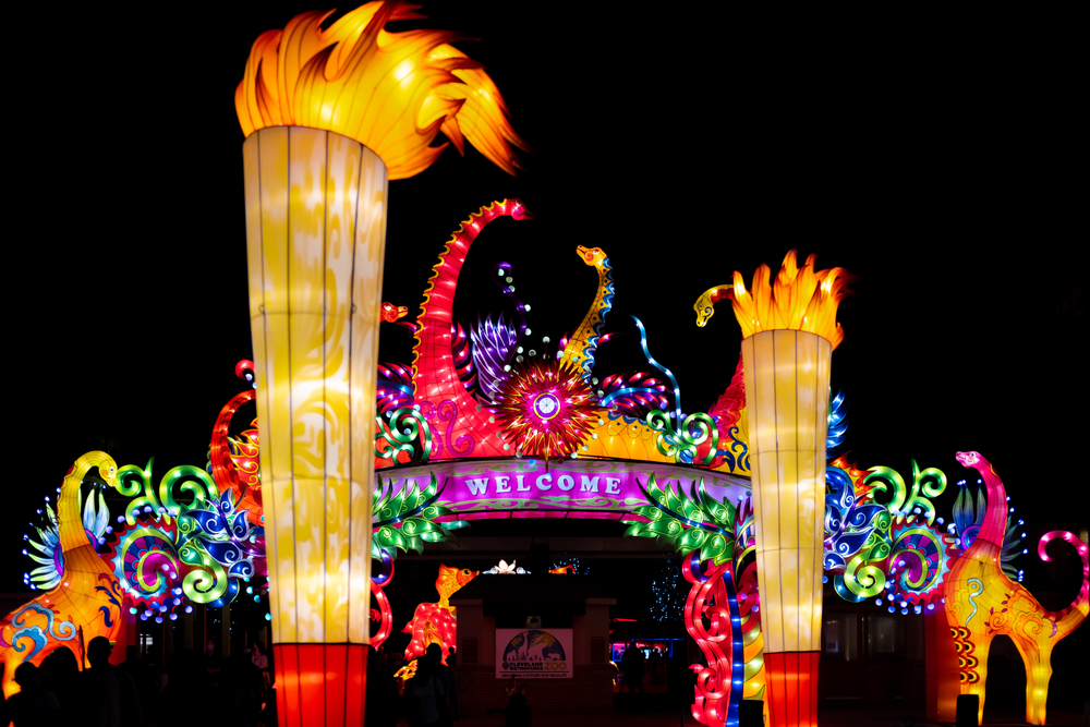 The entrance of the Asian Lantern Festival, one of the best festivals in Ohio where all the different lanterns in different shapes, sizes, and colors are lit up