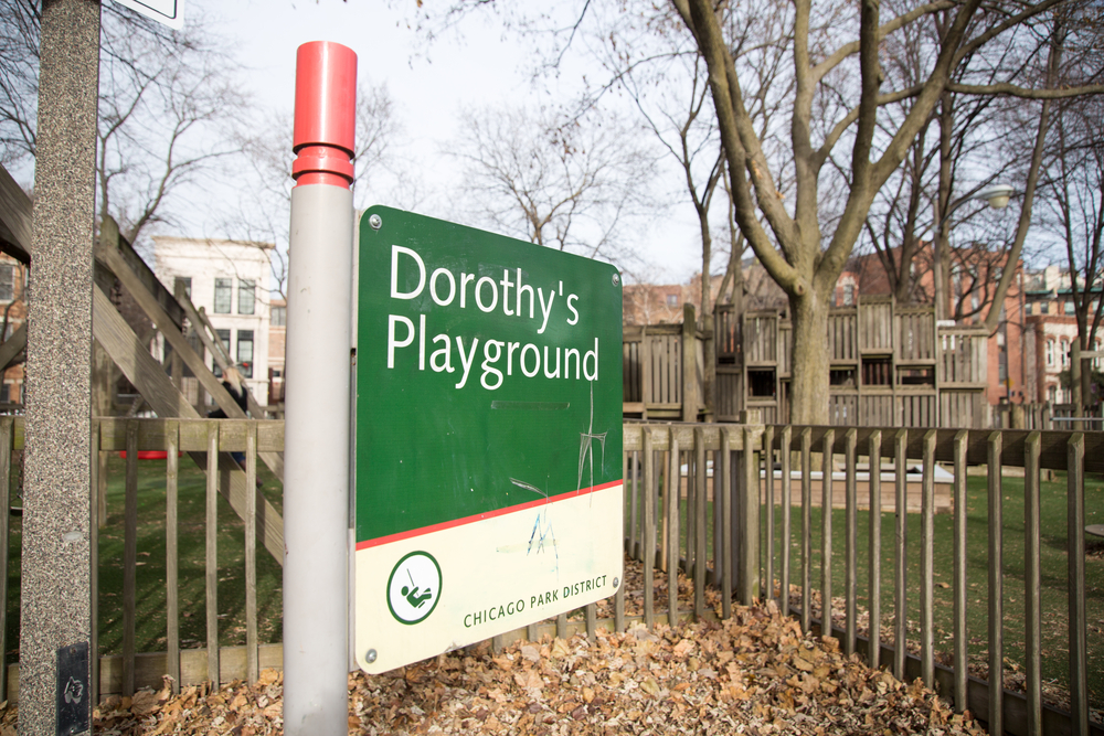 The sign for the entrance of Dorothy's Playground, one of the best things to do in Chicago with kids