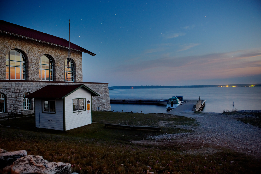 Boat House Sunset Over the Lake, Harbor on Rock Island State Park 