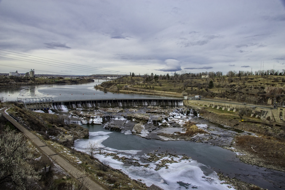 Aerial view of the Missouri River with one of the many dams of Great Falls.