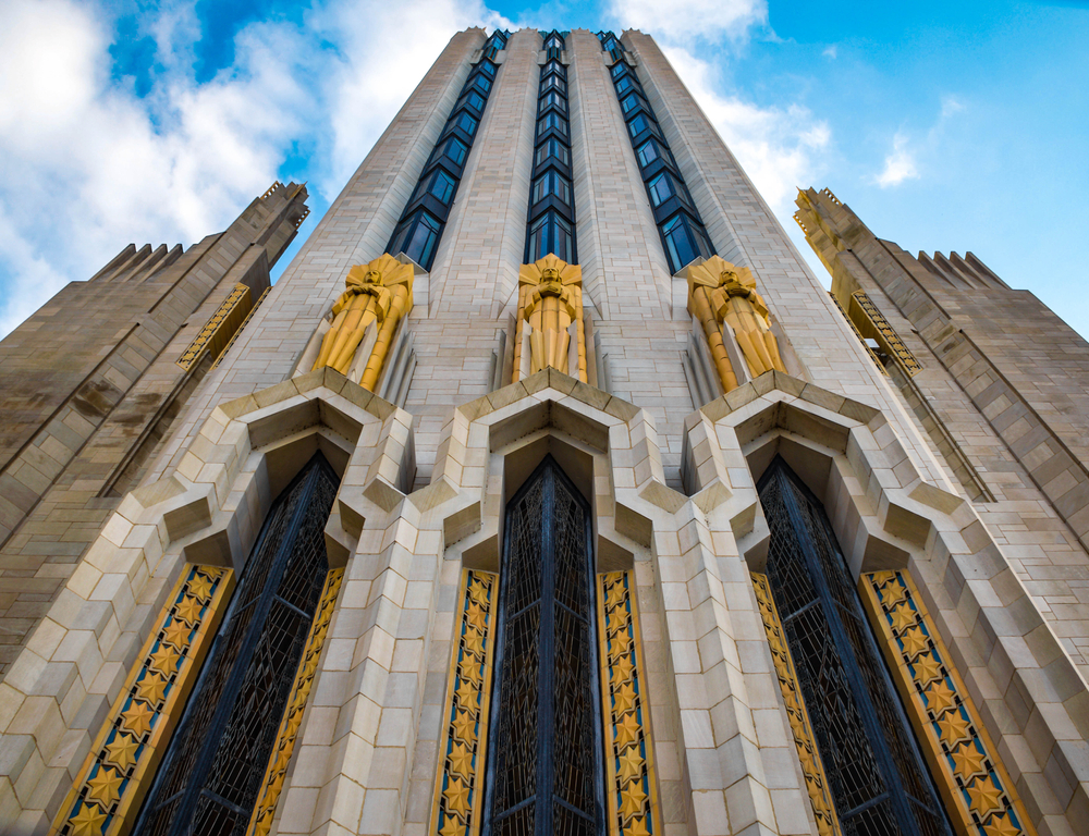 Looking up at an Art Deco skyscraper with gold details, one of the best things to do in Tulsa Oklahoma