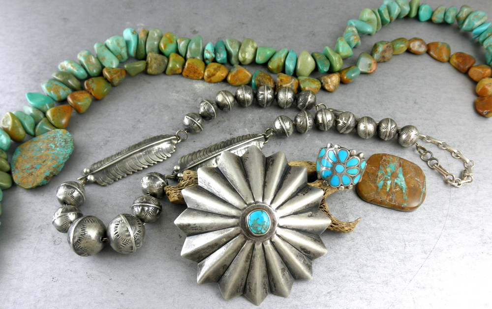 A collection of Native American jewelry on display