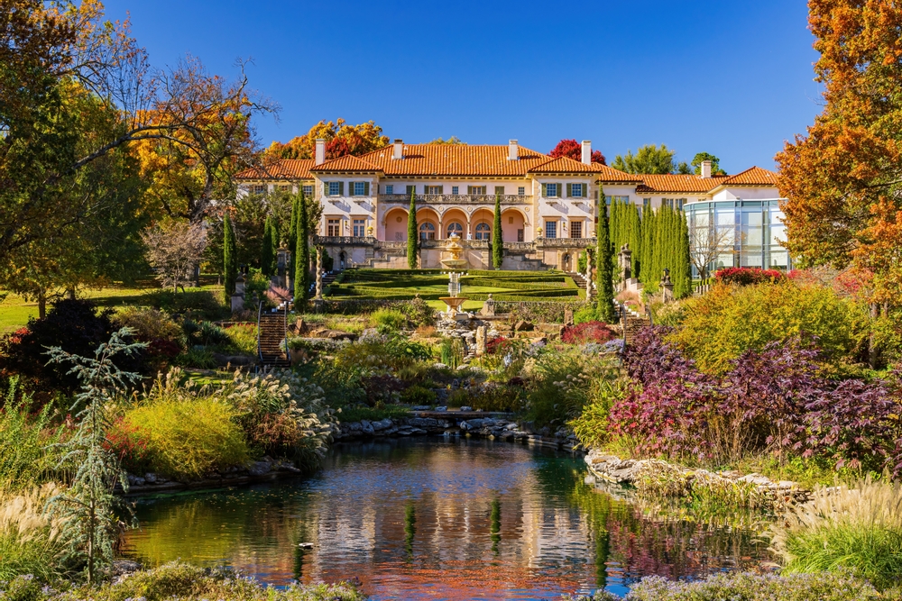 The exterior of the Philbrook Museum of Art with it's beautiful gardens, one of the best things to do in Tulsa Oklahoma