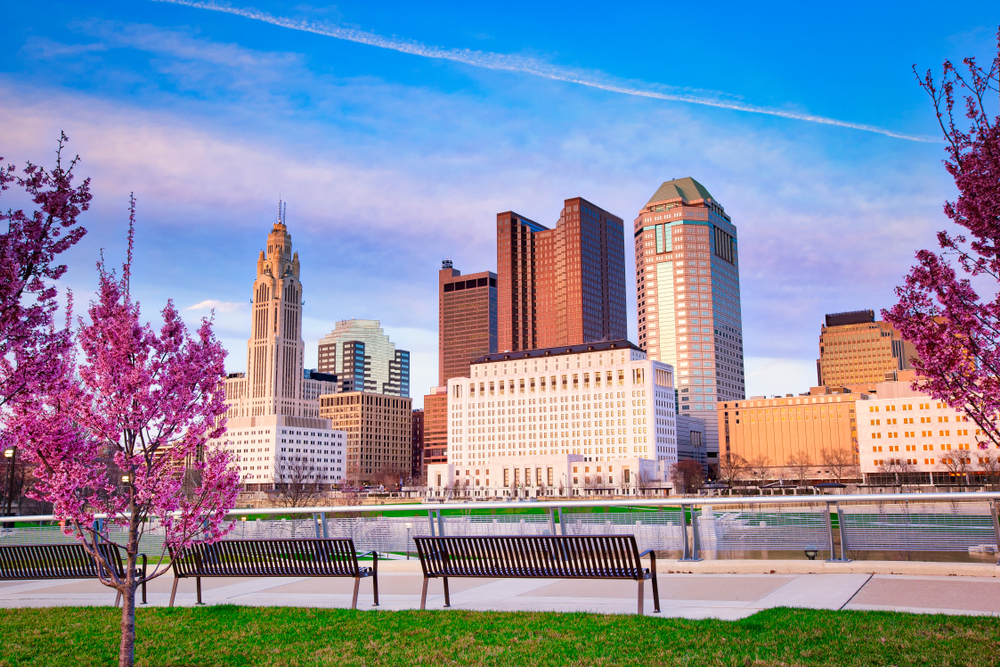 View of the Columbus skyline from a park with pink flowering trees.