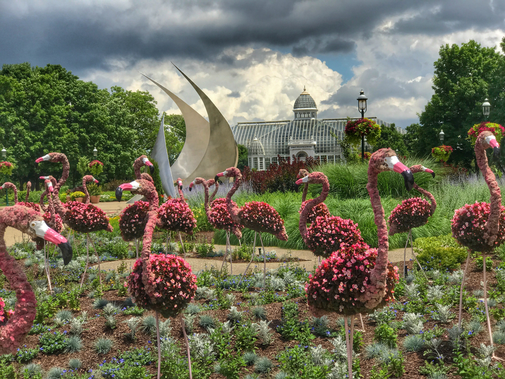 A display of pink flowers shaped like flamingos with the glass Franklin Park Conservatory in the background.