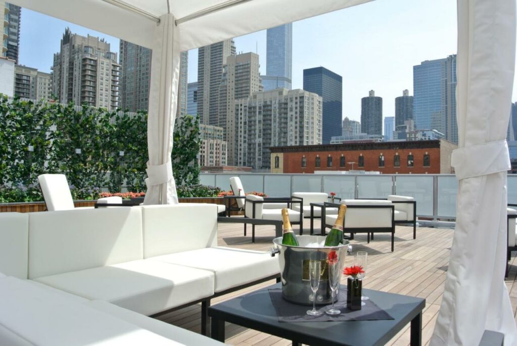 View from the rooftop lounge at Godfrey Hotel Chicago of the skyline.
Boutique hotels in Chicago