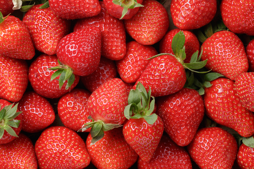 Close up of a pile of strawberries.