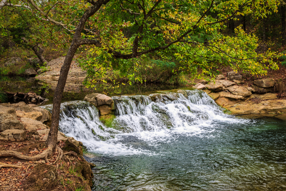 Short waterfall with overhanging trees along the Travertine Creek Trail while hiking in Oklahoma.