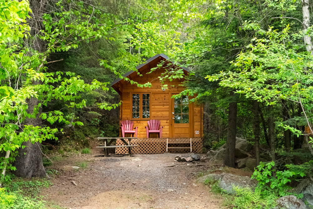 A small cabin nestled in the woods with two chairs on a small porch attached to the cabin