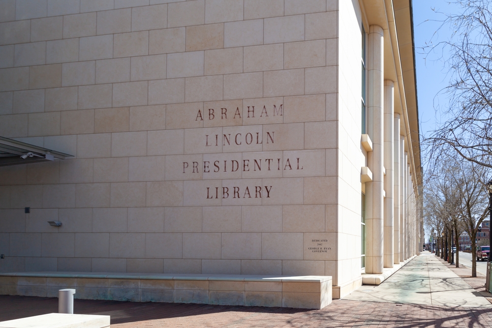 The entrance to Abraham Lincoln Presidential Museum in Springfield, Illinois, USA. The Museum documents the life of U.S. president Abraham Lincoln