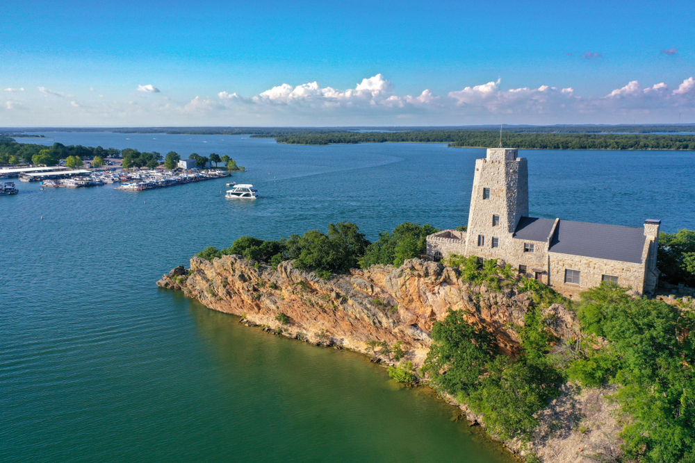 Aerial photo of a historic tower on Lake Murray.