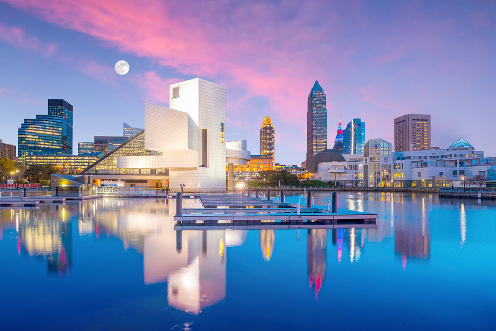 Downtown Cleveland skyline from the lakefront in Ohio USA